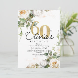 Elegant Floral White Roses Gold 60th Birthday Invitation