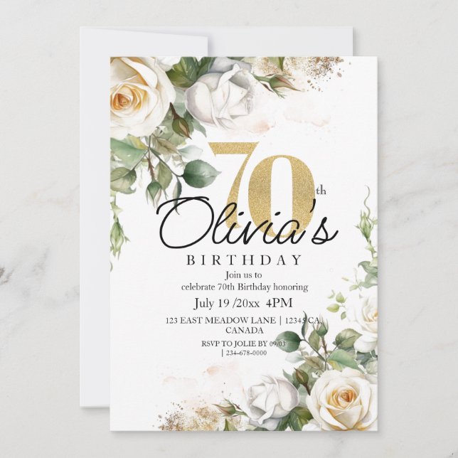 Elegant Floral White Roses & Gold 70th Birthday Invitation (Front)