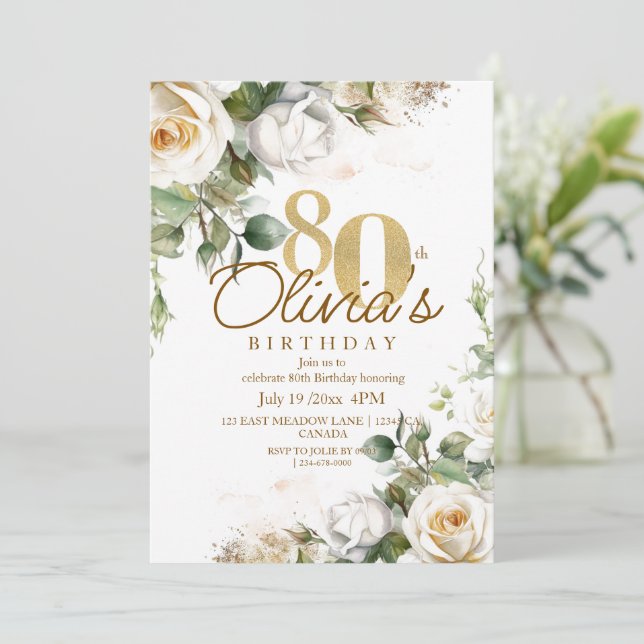 Elegant Floral White Roses & Gold 80th Birthday Invitation (Standing Front)