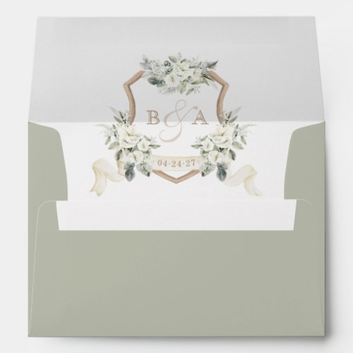 Elegant Floral White Sage Wedding Crest Envelope