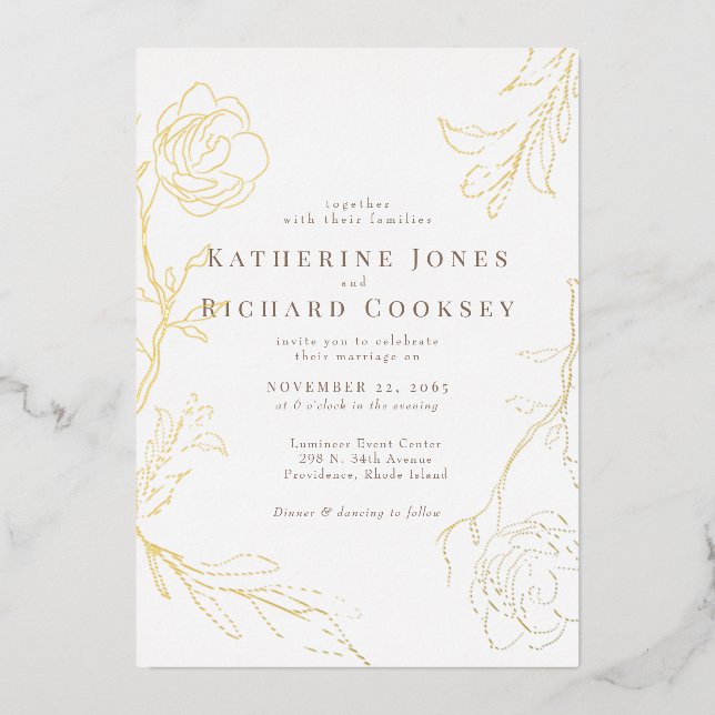 Elegant  Floral White Wedding Gold Foil Invitation (Front)