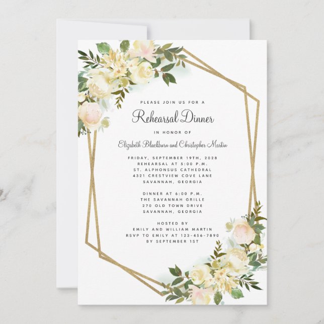 Elegant Floral White Wedding Gold Rehearsal Dinner Invitation (Front)