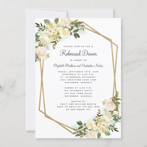 Elegant Floral White Wedding Gold Rehearsal Dinner Invitation