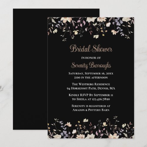 Elegant Floral Wildflower Black Boho Bridal Shower Invitation