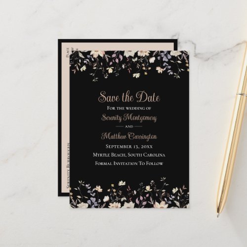 Elegant Floral Wildflower Black Boho Save the Date Announcement Postcard