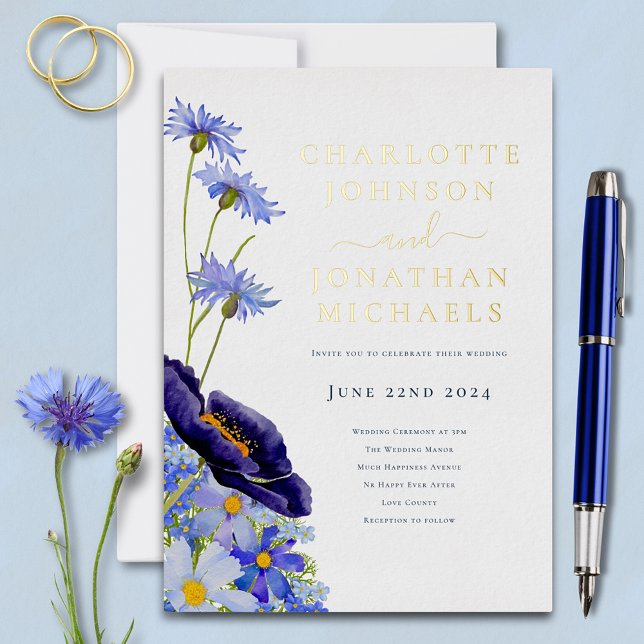 Elegant Floral Wildflower Blue and Gold Foil Invitation (Modern wildflower blue floral gold foil typography wedding invitation )