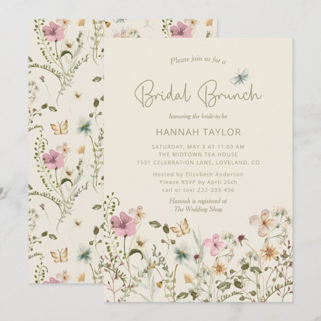 Elegant Floral Wildflower Boho Bridal Brunch Invitation (Front/Back)