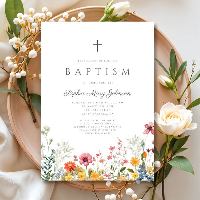 Elegant Floral Wildflower Cross Girl Baptism Invitation (Elegant Wildflower Wreath Cross Girl Baptism Invitation)