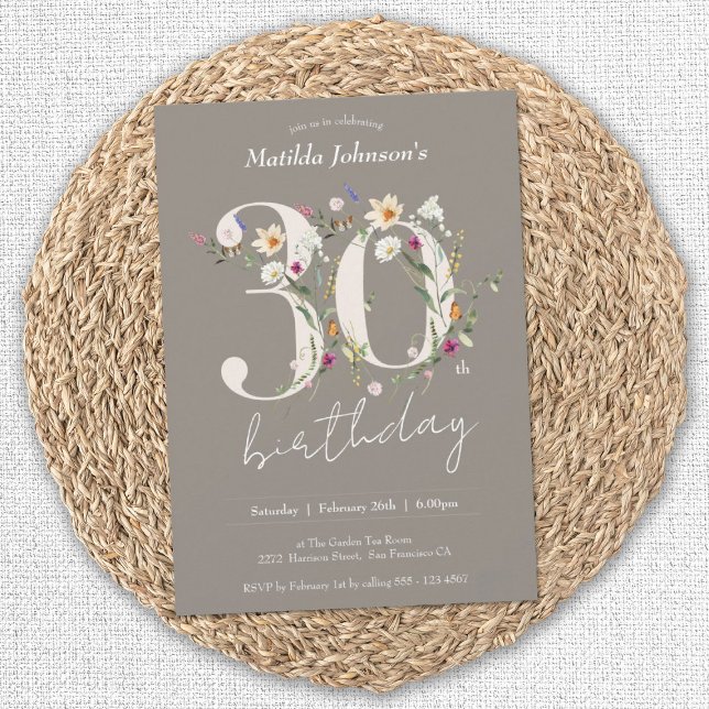 Elegant Floral Wildflowers 30th Birthday Party Invitation (30th Birthday Wildflowers Elegant Floral Invitation)