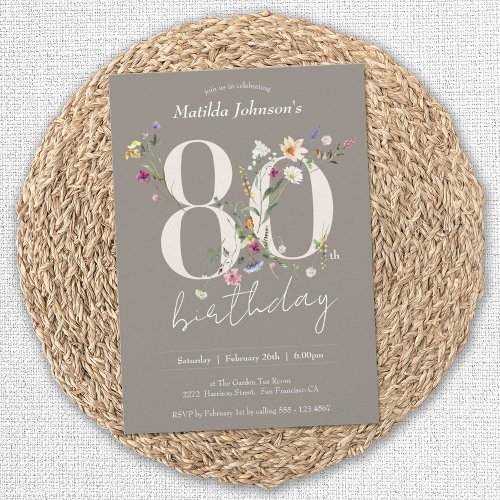 Elegant Floral Wildflowers 80th Birthday Party Invitation