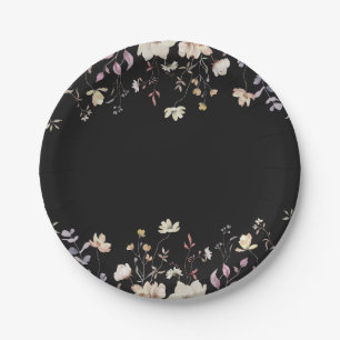 Elegant Floral Wildflowers Black Boho Fall Wedding Paper Plates