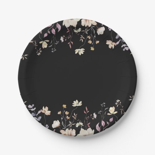 Elegant Floral Wildflowers Black Boho Fall Wedding Paper Plates