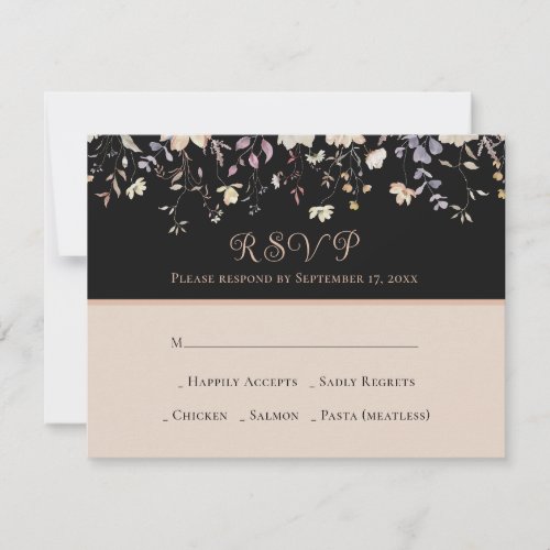 Elegant Floral Wildflowers Black Boho Wedding RSVP Card