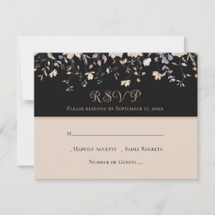 Elegant Floral Wildflowers Black Boho Wedding RSVP Card