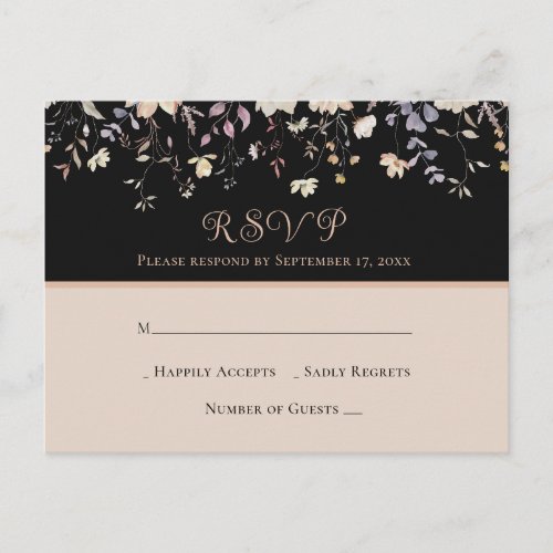 Elegant Floral Wildflowers Black Boho Wedding RSVP Postcard