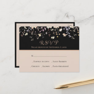 Elegant Floral Wildflowers Black Boho Wedding RSVP Postcard