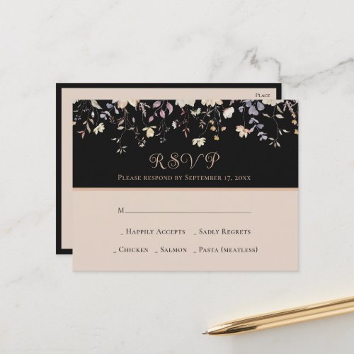 Elegant Floral Wildflowers Black Boho Wedding RSVP Postcard