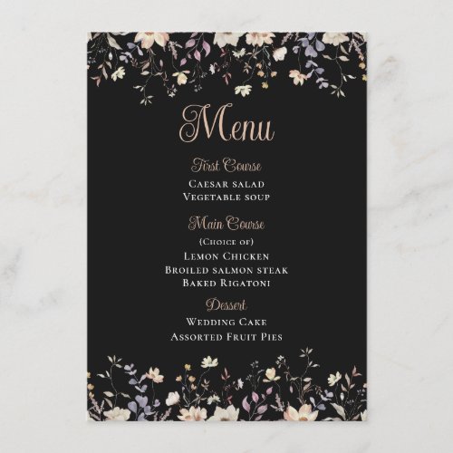 Elegant Floral Wildflowers Black Wedding Menu