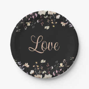Elegant Floral Wildflowers Love Black Boho Wedding Paper Plates