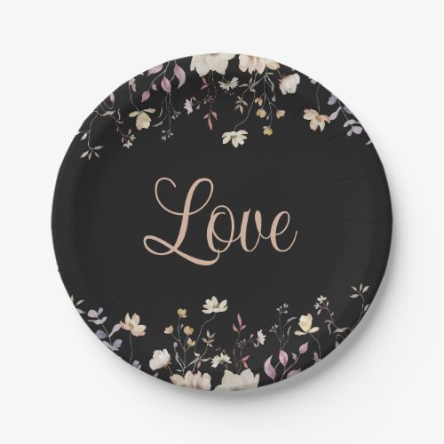 Elegant Floral Wildflowers Love Black Boho Wedding Paper Plates