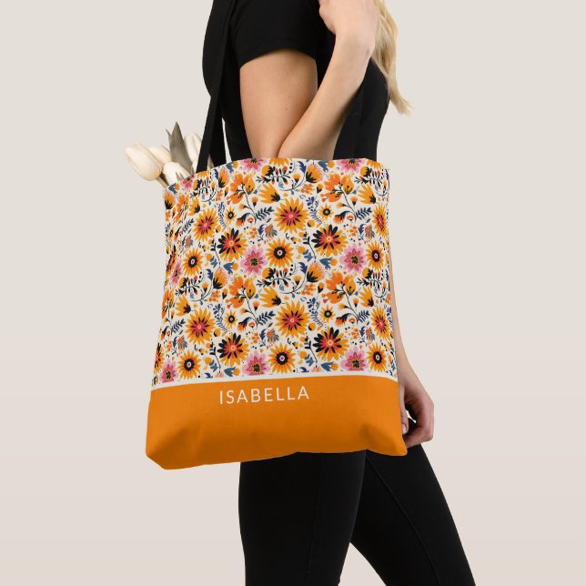 Elegant Floral Wildflowers Personalize Monogram Tote Bag (Close Up)