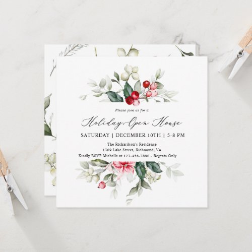 Elegant Floral Winter Berries Holiday Open House   Invitation