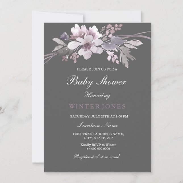 Elegant Floral Winter Gray Baby Shower Invite (Front)
