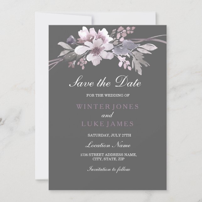 Elegant Floral Winter Gray Save The Date Card (Front)