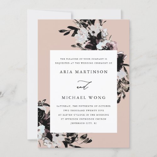 Elegant Floral with Dramatic Black Leaves Wedding Invitation