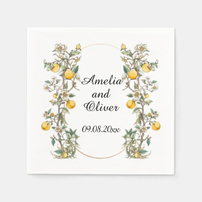 Elegant Floral with Lemons Wedding Napkins (Front)