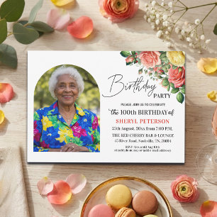 Elegant Floral with Photo 100th Birthday Party Invitation