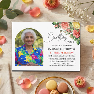 Elegant Floral with Photo 102nd Birthday Party Invitation