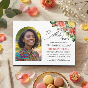 Elegant Floral with Photo 22nd Birthday Party Invitation