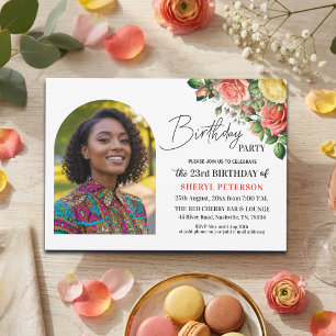 Elegant Floral with Photo 23rd Birthday Party Invitation