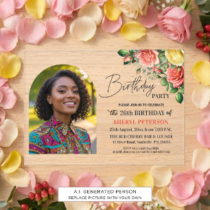 Elegant Floral with Photo 26th Birthday Party Acrylic Invitations