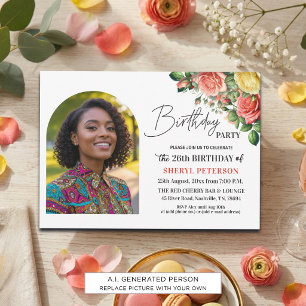 Elegant Floral with Photo 26th Birthday Party Invitation