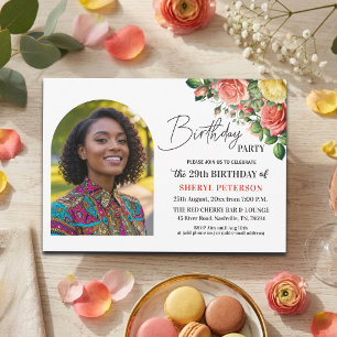 Elegant Floral with Photo 29th Birthday Party Invitation