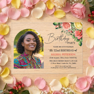 Elegant Floral with Photo 32nd Birthday Party Acrylic Invitations