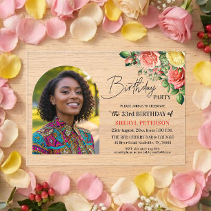 Elegant Floral with Photo 33rd Birthday Party Acrylic Invitations