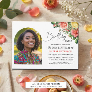 Elegant Floral with Photo 36th Birthday Party Invitation