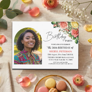 Elegant Floral with Photo 36th Birthday Party Invitation