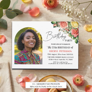 Elegant Floral with Photo 37th Birthday Party  Invitation