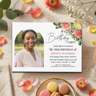 Elegant Floral with Photo 38th Birthday Party  Invitation