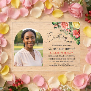 Elegant Floral with Photo 39th Birthday Party Acrylic Invitations
