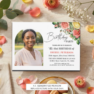 Elegant Floral with Photo 41st Birthday Party Invitation