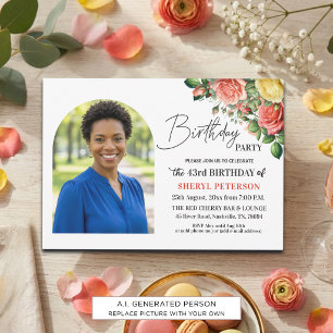 Elegant Floral with Photo 43rd Birthday Party Invitation