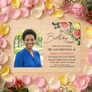 Elegant Floral with Photo 44th Birthday Party Acrylic Invitations