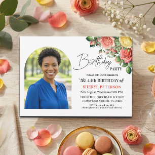 Elegant Floral with Photo 44th Birthday Party Invitation