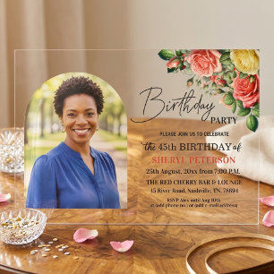 Elegant Floral with Photo 45th Birthday Party Acrylic Invitations