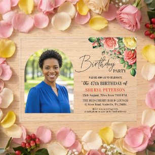 Elegant Floral with Photo 47th Birthday Party Acrylic Invitations